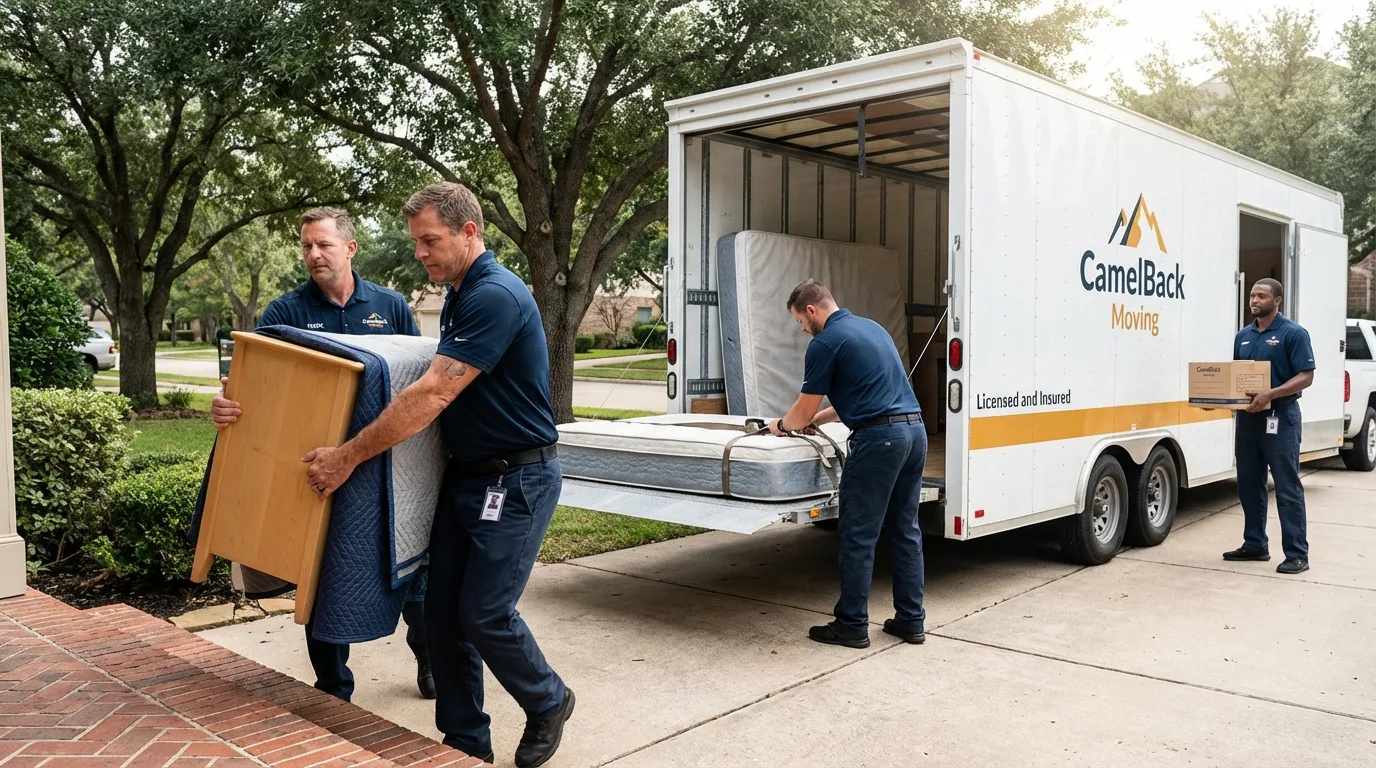 Crew loading residential truck for cross-state move from Shell Lake, WI
