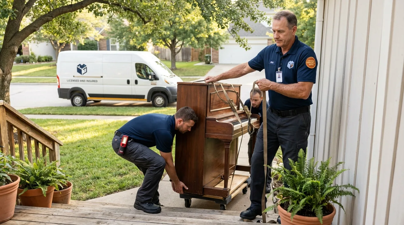 Licensed piano movers securing grand piano in Shell Lake, WI