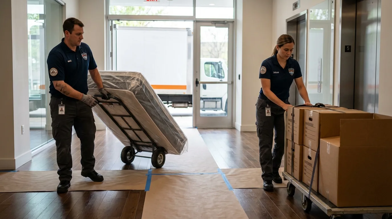 Professional apartment movers loading elevator in Shell Lake, WI