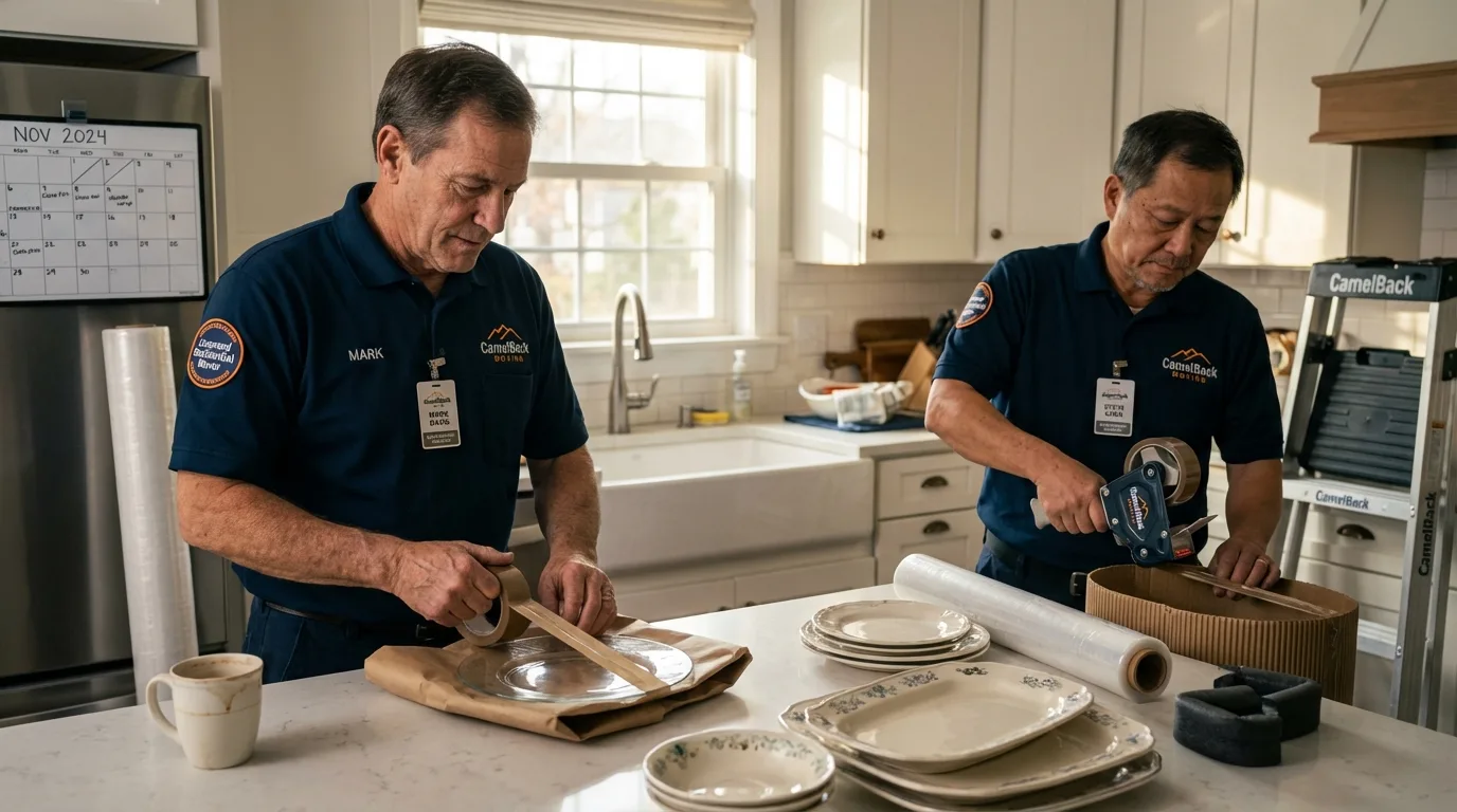 Professional crew packing kitchen dishware in Shell Lake, WI
